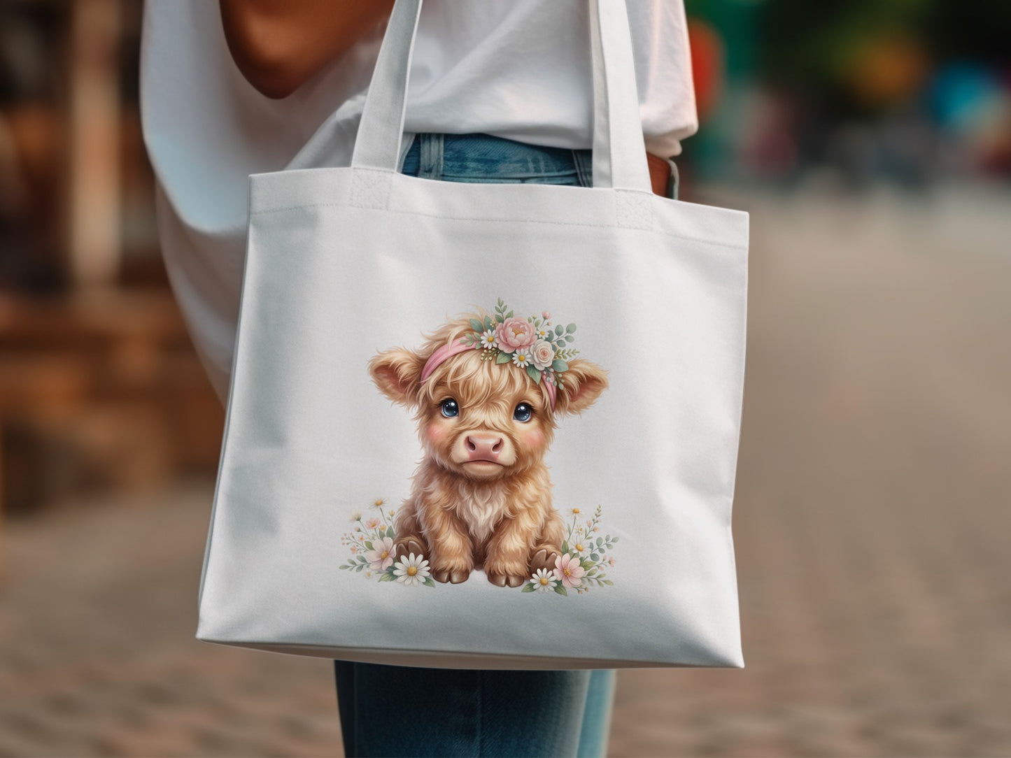 White tote bag with cute cartoon calf wearing a flower crown.
