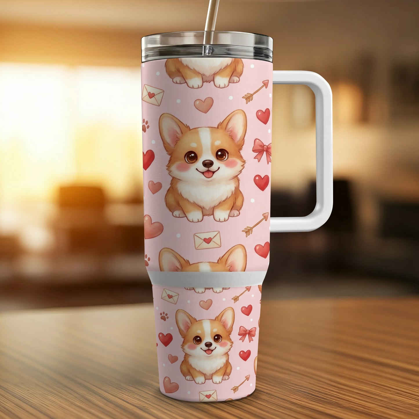 Pink tumbler with repeating corgi and heart pattern, featuring a straw.