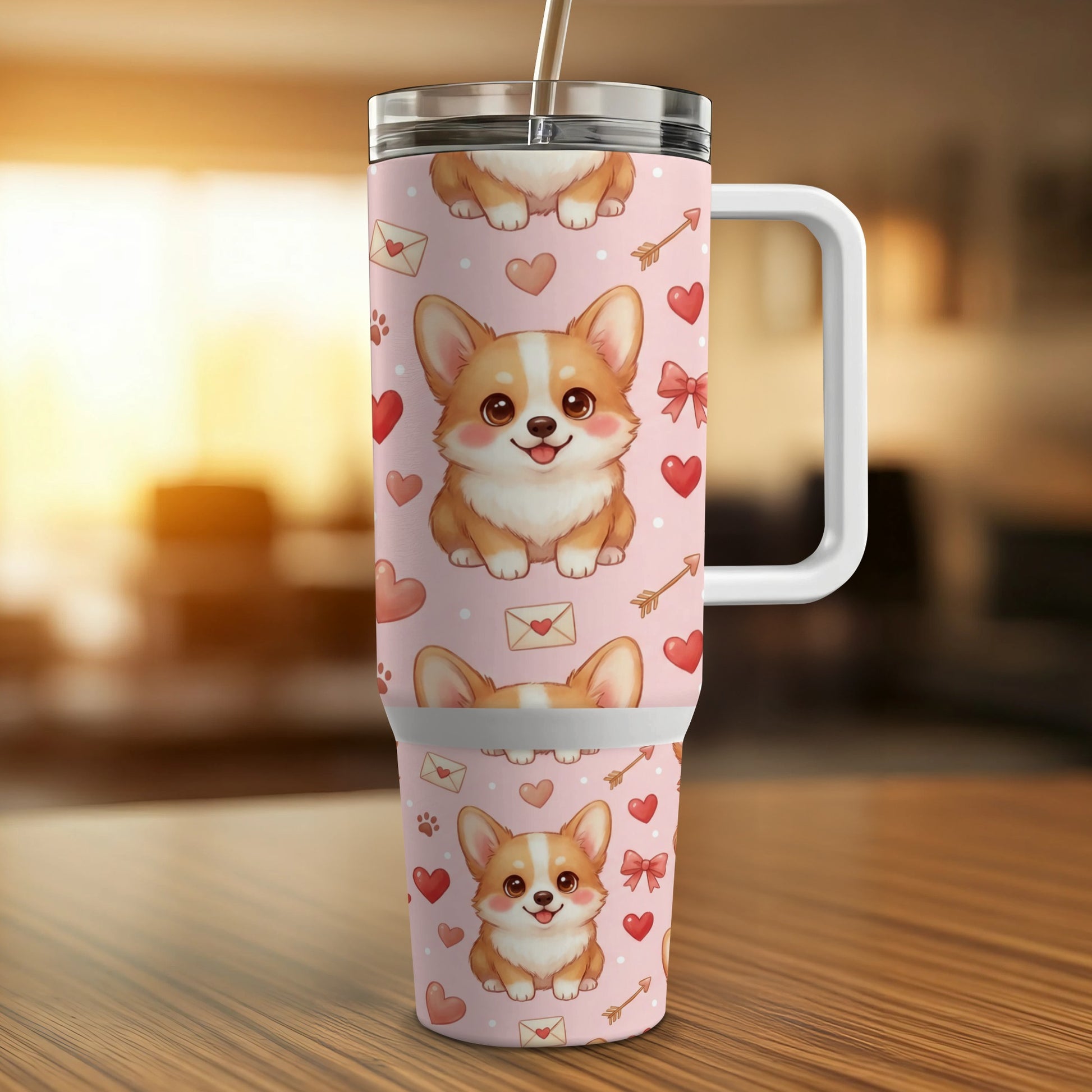Pink tumbler with repeating corgi and heart pattern, featuring a straw.