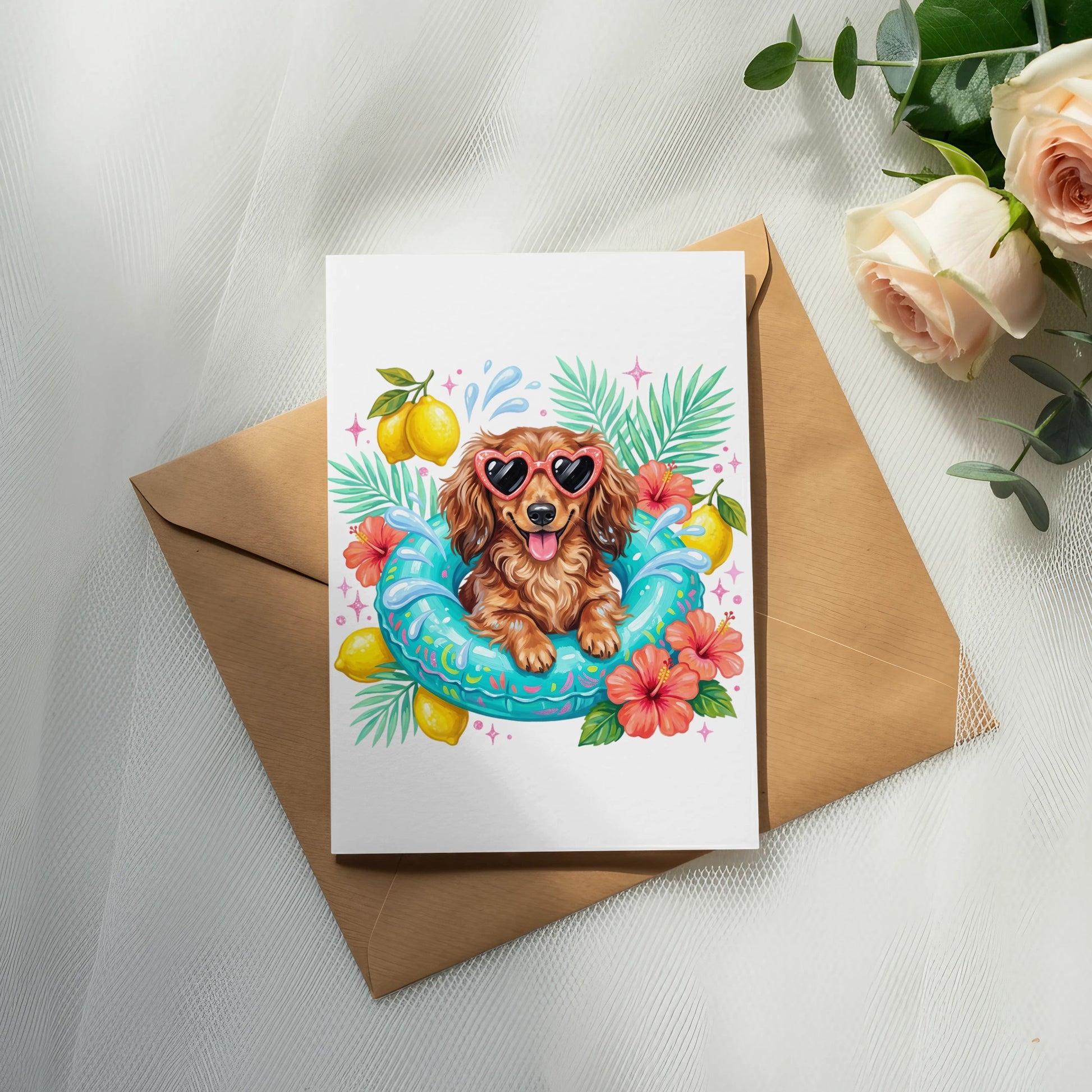 Dachshund wearing heart sunglasses in a pool float with lemons and hibiscus.