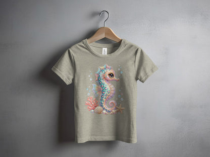 T-shirt with a colorful seahorse and starfish design.