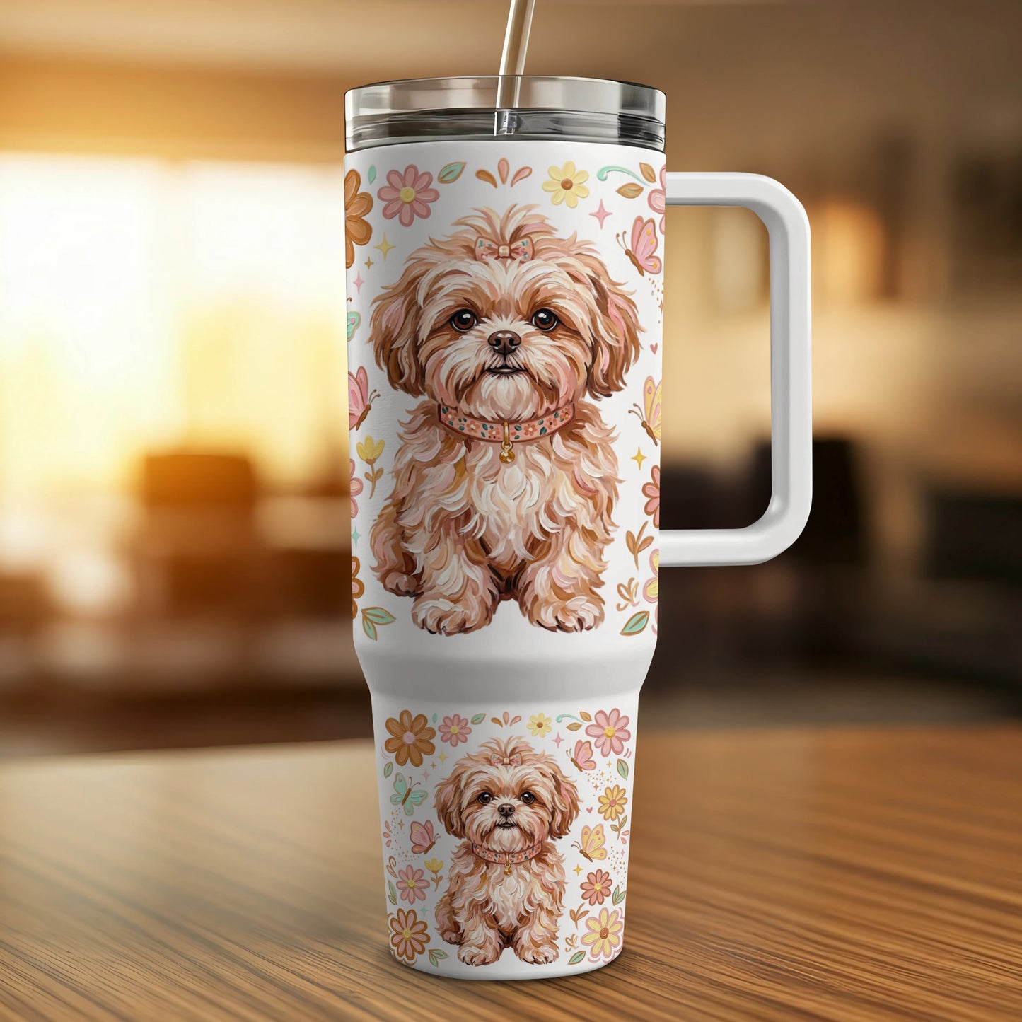 Brown dog with bow on travel mug, surrounded by floral and butterfly designs.