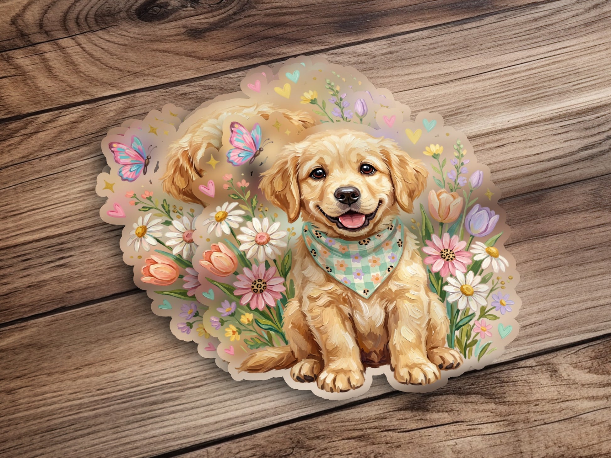 Golden retriever puppy wearing bandana surrounded by flowers and butterflies.