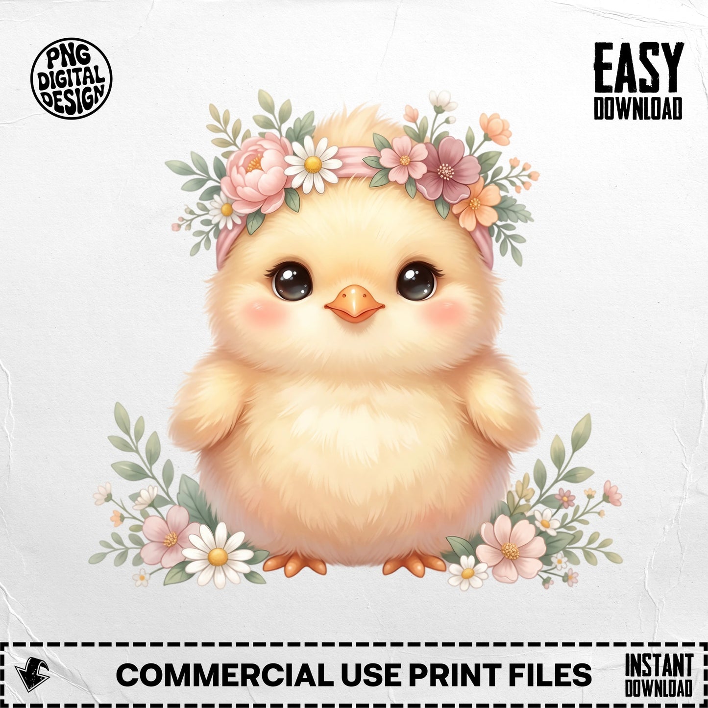 Cute chick wearing a floral headband surrounded by flowers.