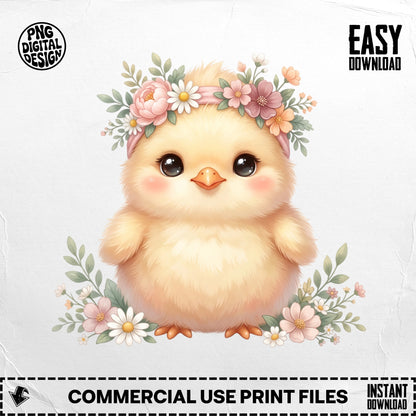 Cute chick wearing a floral headband surrounded by flowers.