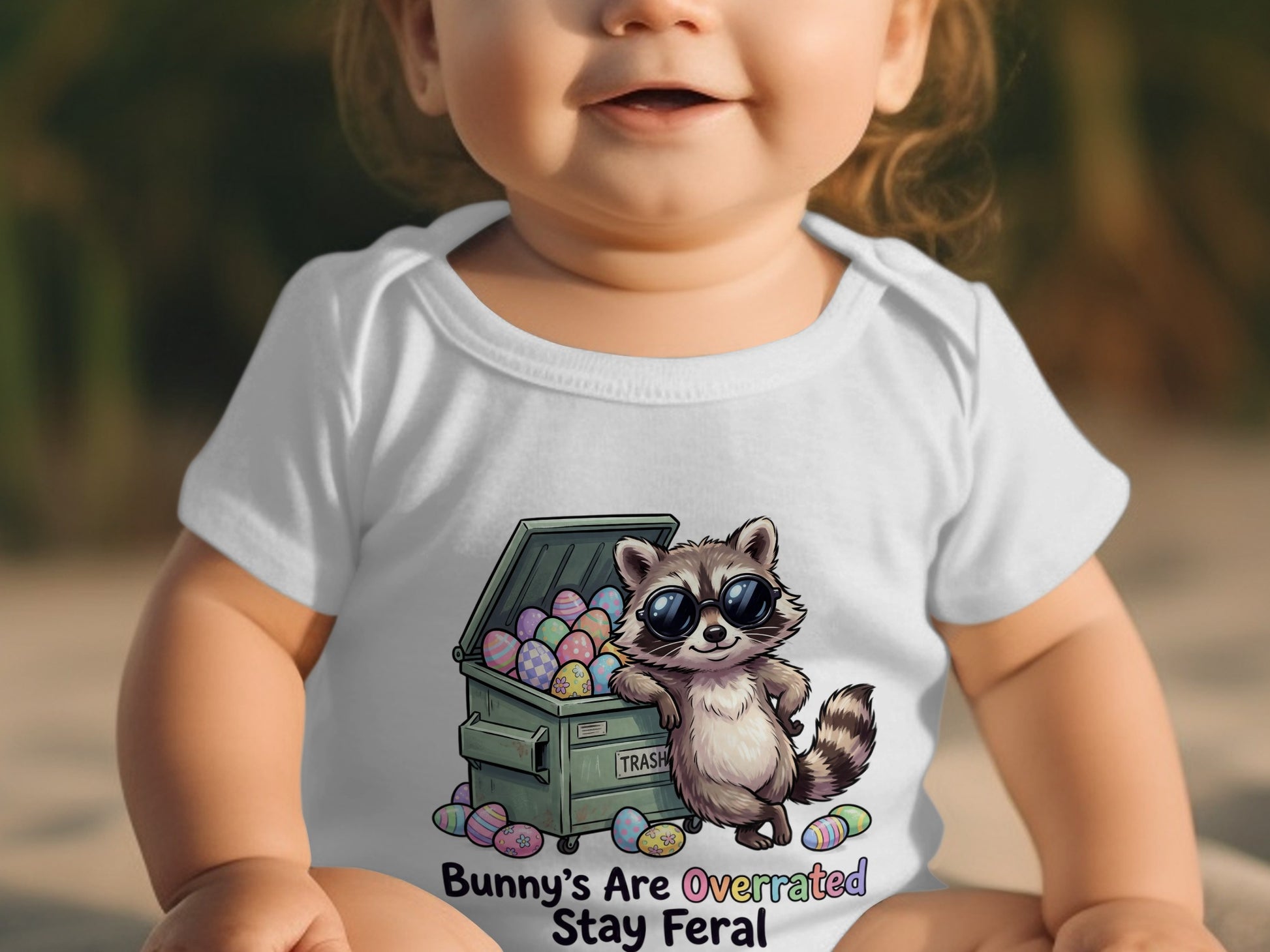 Baby in white bodysuit with raccoon and colorful Easter eggs, text "Bunny's Are Overrated Stay Feral".