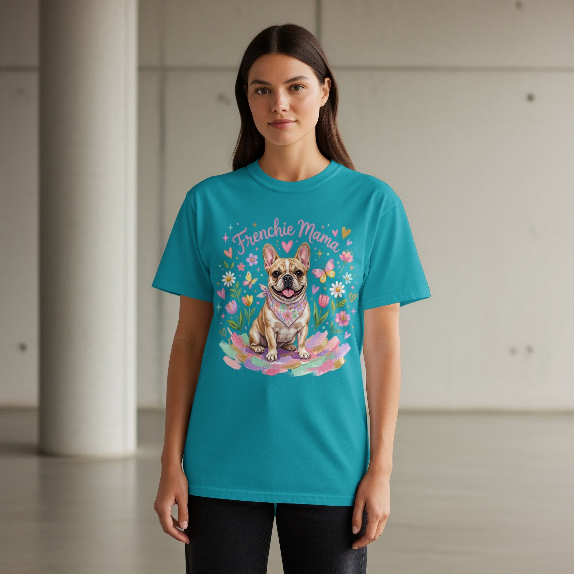 Teal t-shirt with "Frenchie Mama" text and a French bulldog illustration.