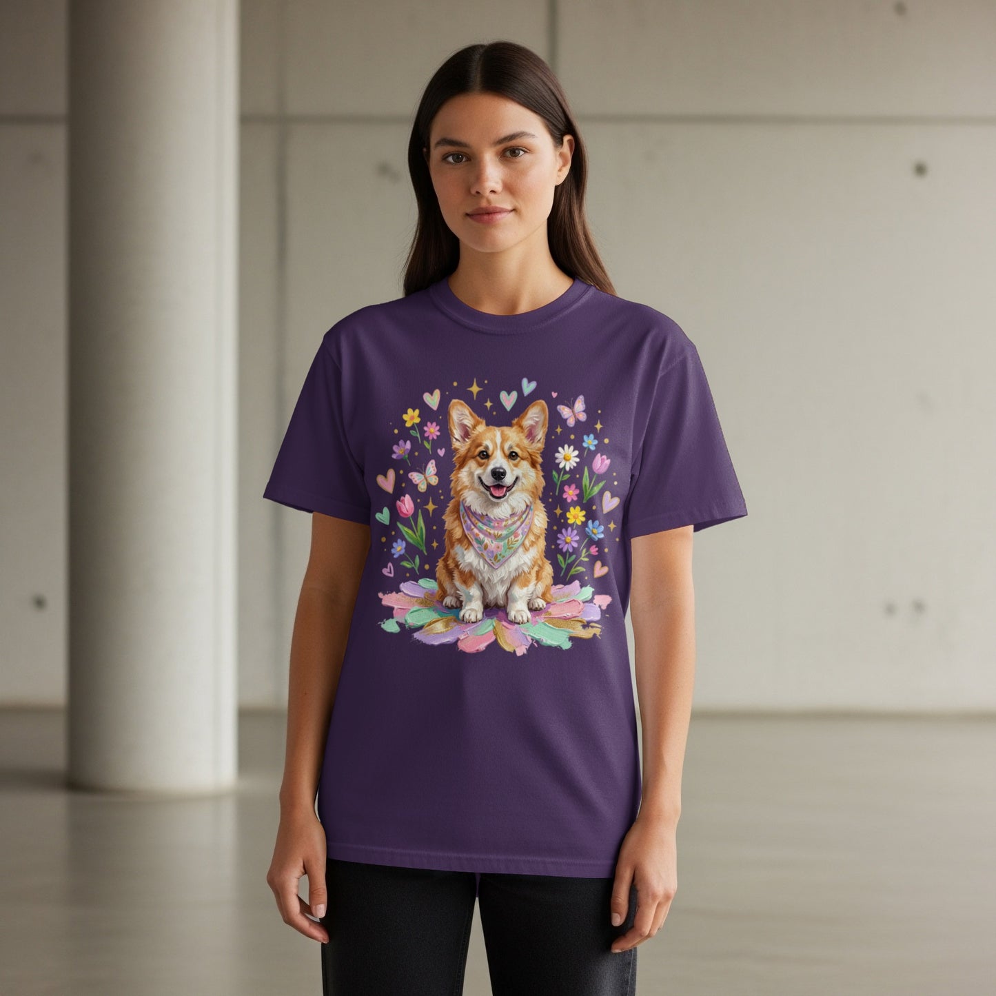 Purple t-shirt with a corgi illustration surrounded by flowers and butterflies.