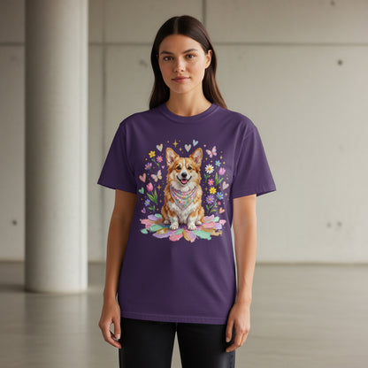 Purple t-shirt with a corgi illustration surrounded by flowers and butterflies.