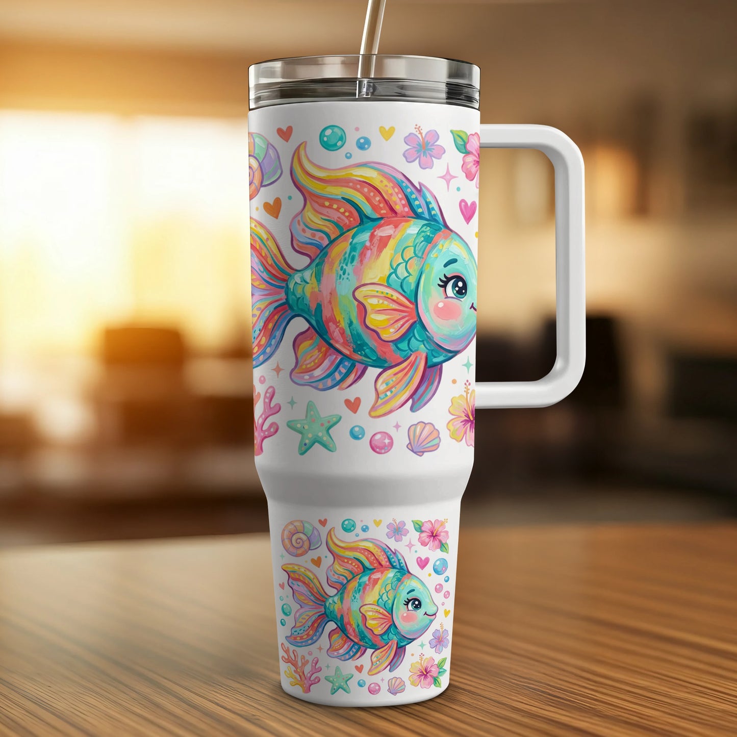 Colorful fish and seashells adorn a white tumbler with a handle and straw.