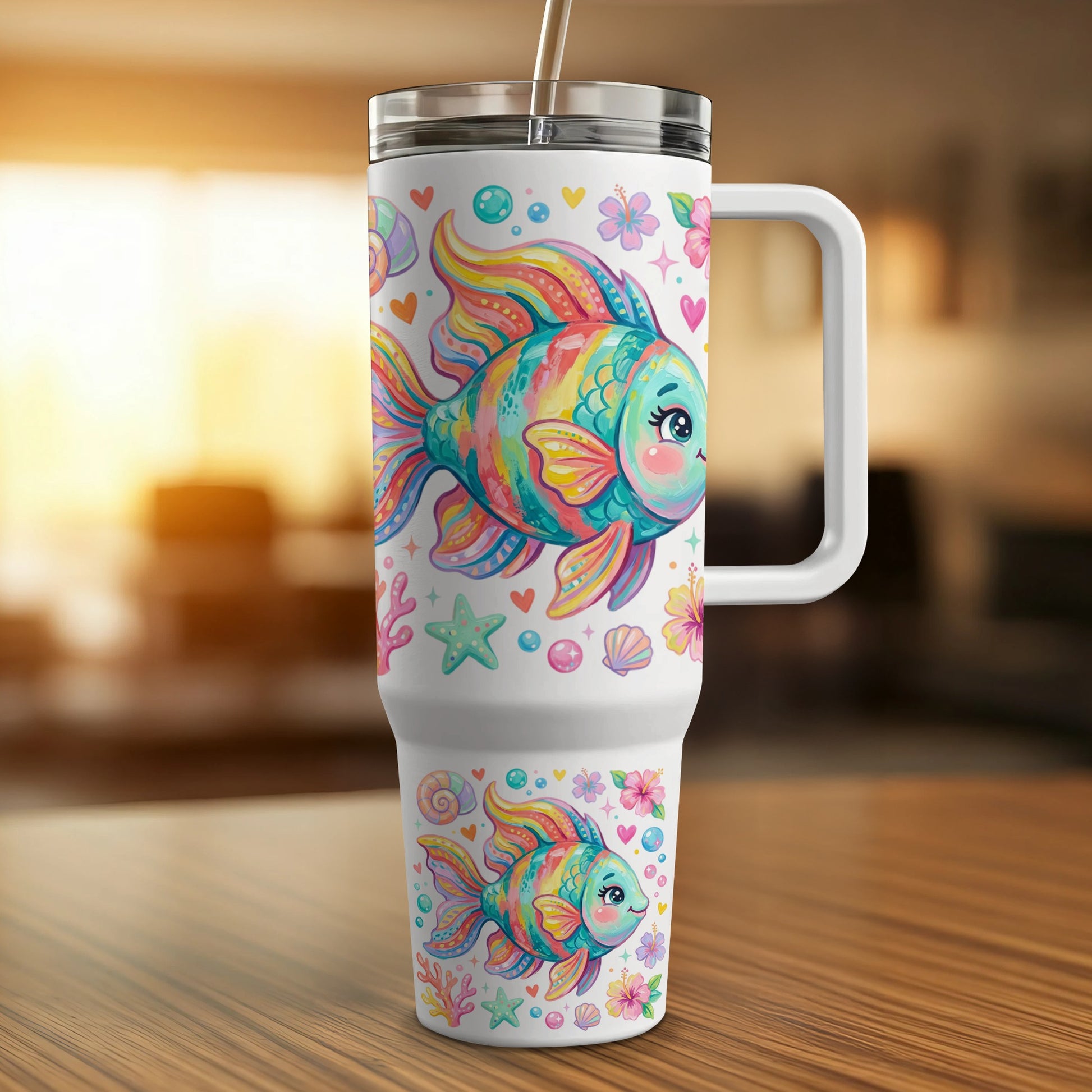 Colorful fish and seashells adorn a white tumbler with a handle and straw.