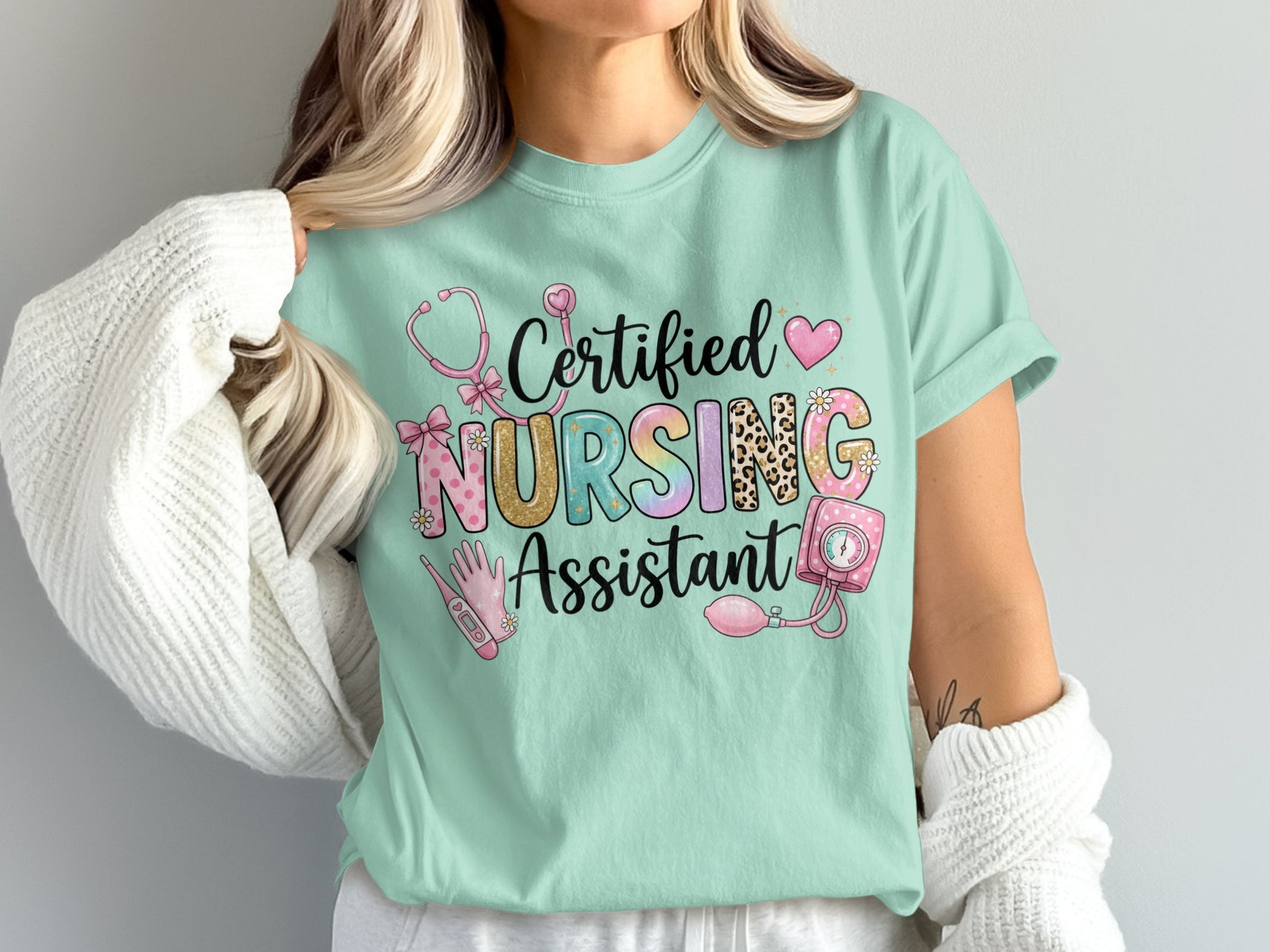 Certified Nursing Assistant text with stethoscope, heart, and medical icons.