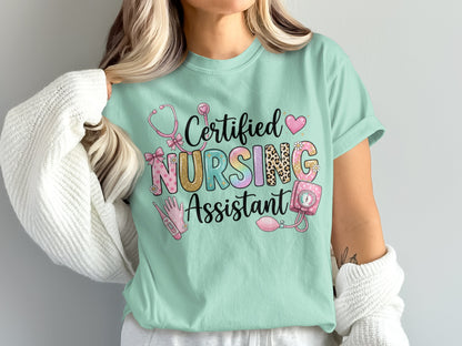 Certified Nursing Assistant text with stethoscope, heart, and medical icons.