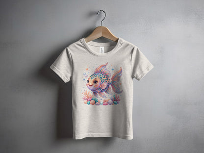 T-shirt with a colorful cartoon goldfish and coral reef design.