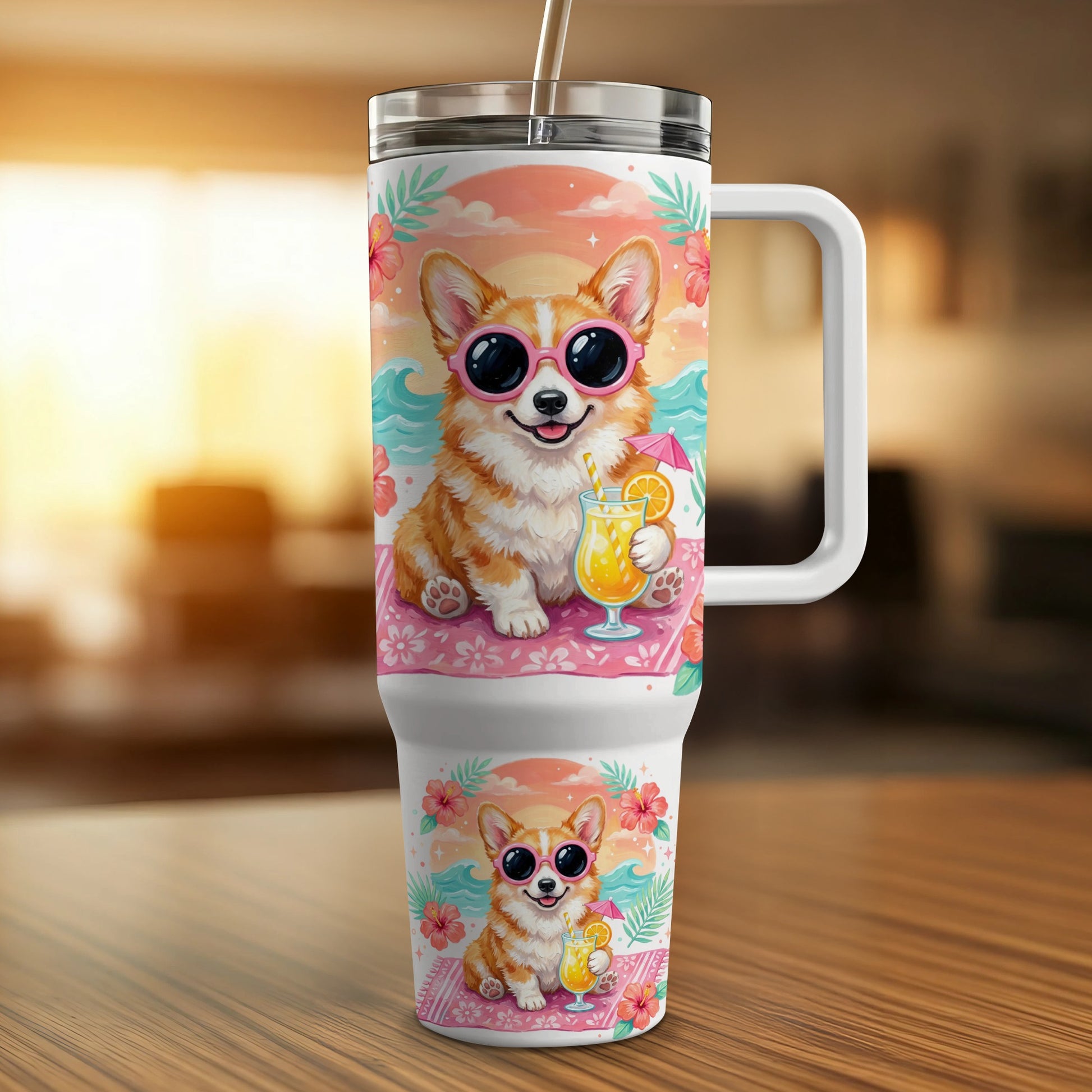 Tervis tumbler with corgi wearing sunglasses holding a drink.