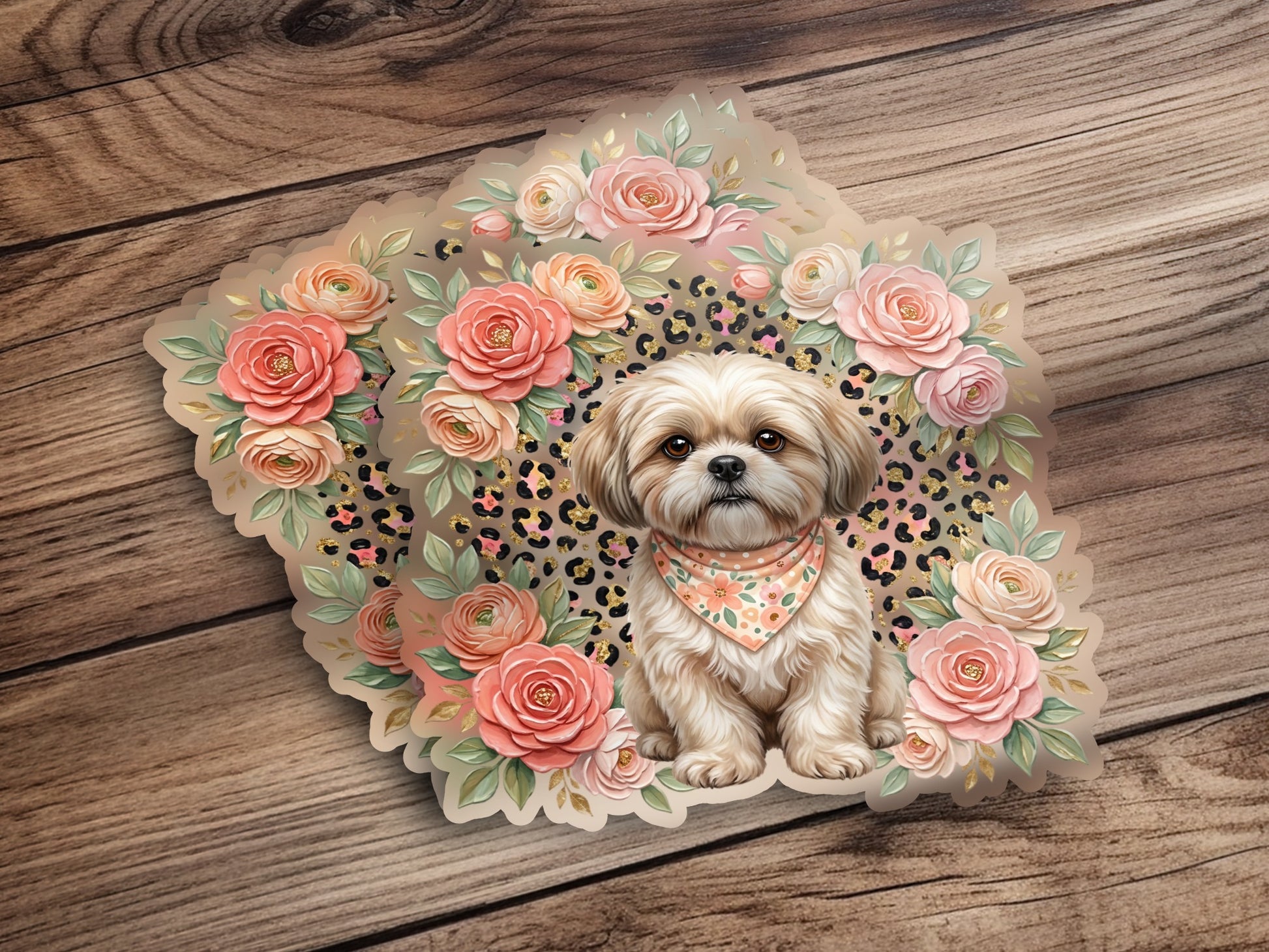 Shih Tzu dog with floral and leopard print accents.