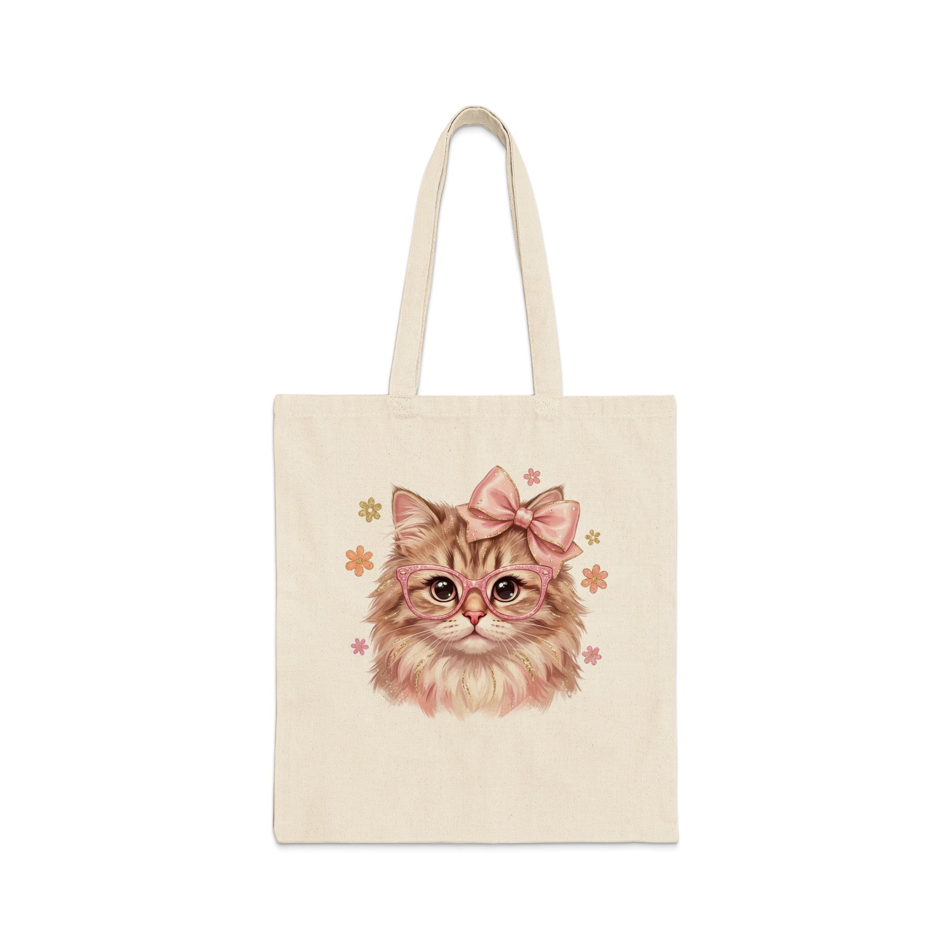 Tote bag with illustration of a fluffy cat wearing glasses and a pink bow.