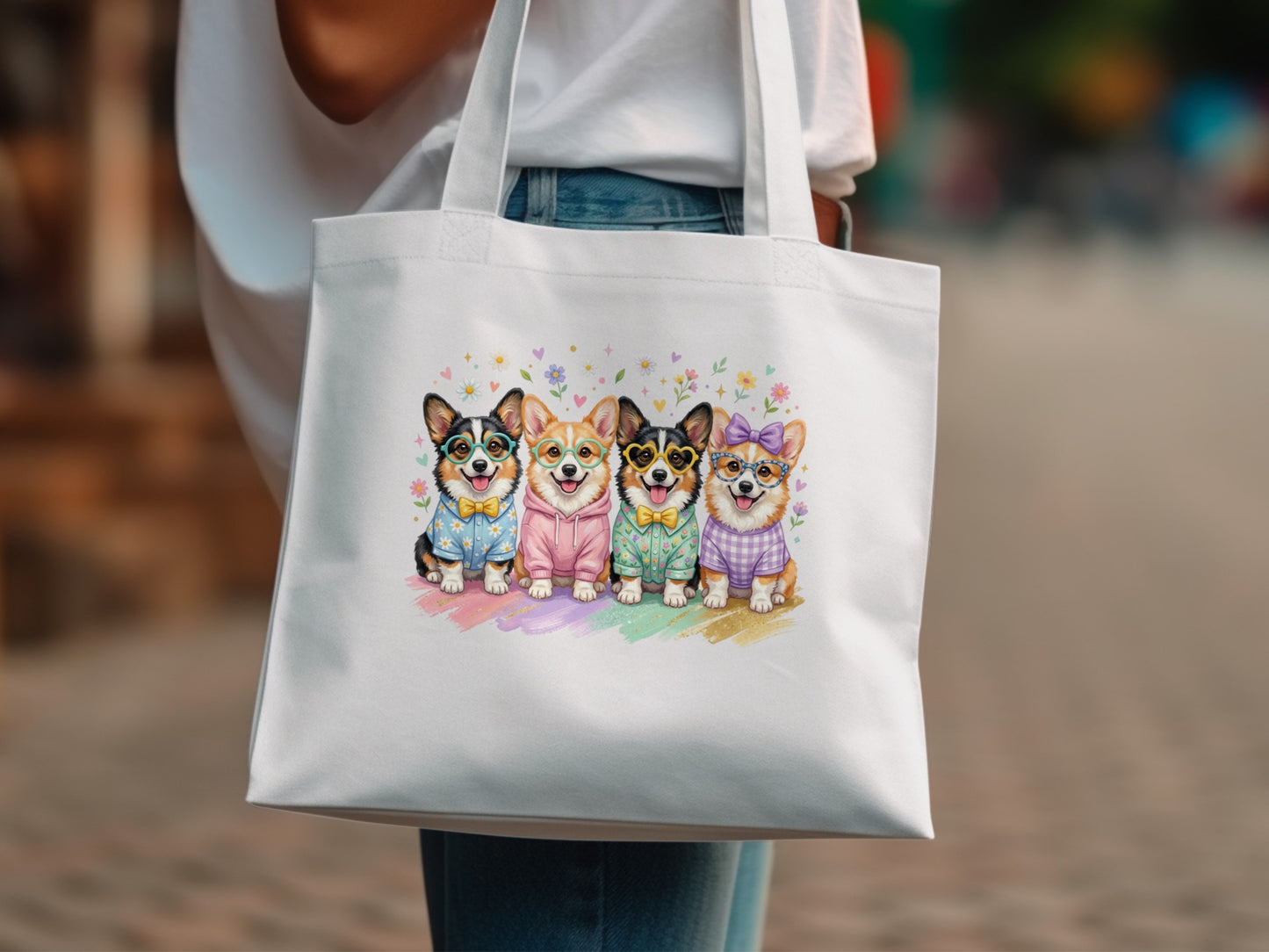 Four corgis in colorful outfits, sunglasses, and crowns, watercolor art on a white tote bag.