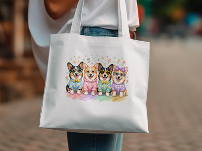 Four corgis in colorful outfits, sunglasses, and crowns, watercolor art on a white tote bag.