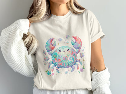 Cream t-shirt with a colorful floral crab illustration and bubbles.