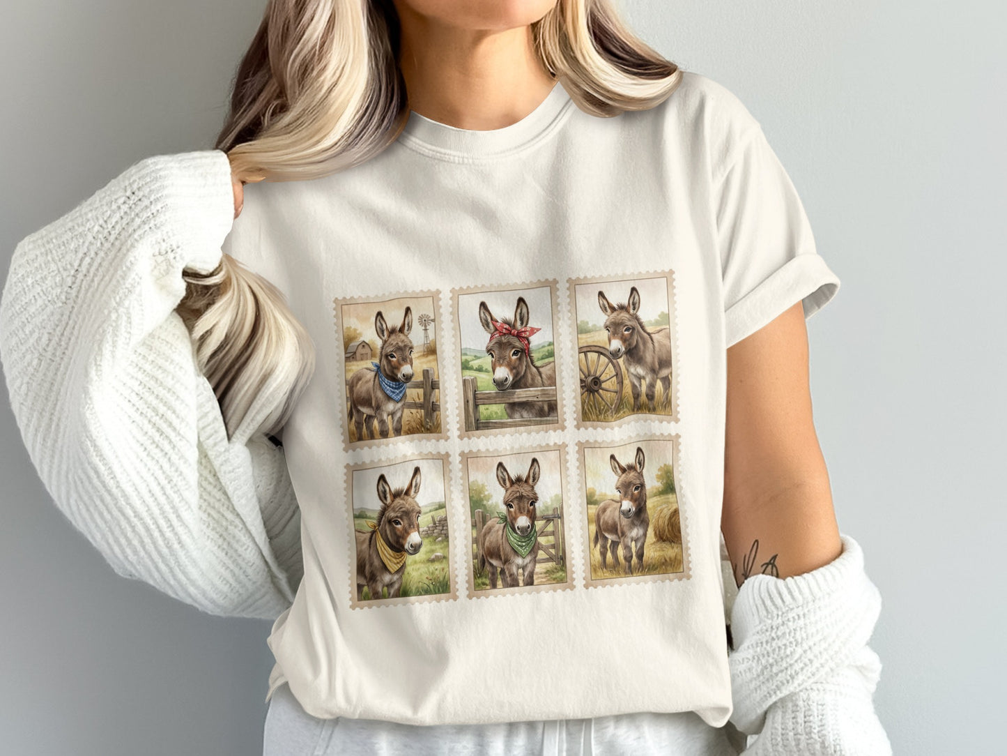 Six framed images of donkeys in rural settings on a cream t-shirt.