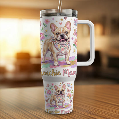 French bulldog wearing bandana on insulated tumbler with floral and butterfly designs.