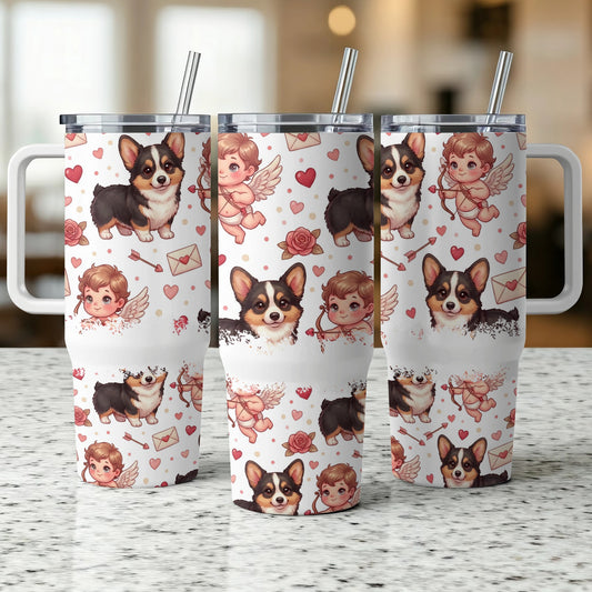 Three tumblers featuring corgi puppies and cherubs with hearts and envelopes.
