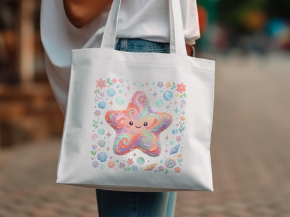 White tote bag with a pastel cartoon starfish and seashell design.