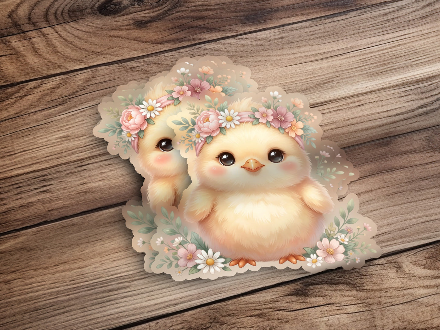 Two fluffy yellow chicks wearing floral wreaths on a wooden surface.