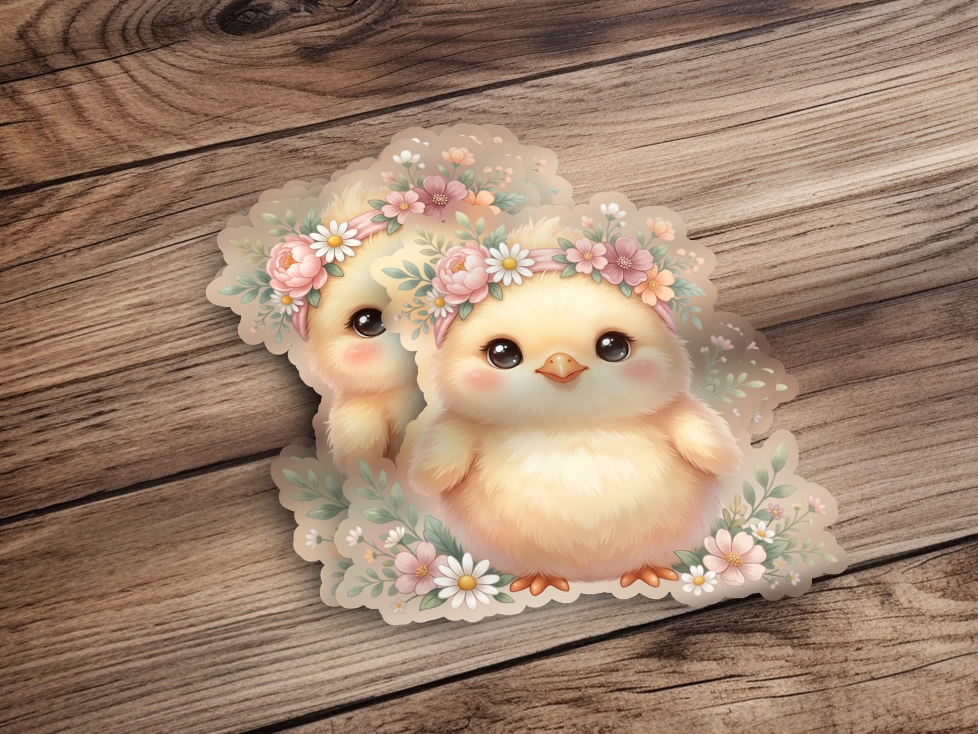 Two fluffy yellow chicks wearing floral wreaths on a wooden surface.