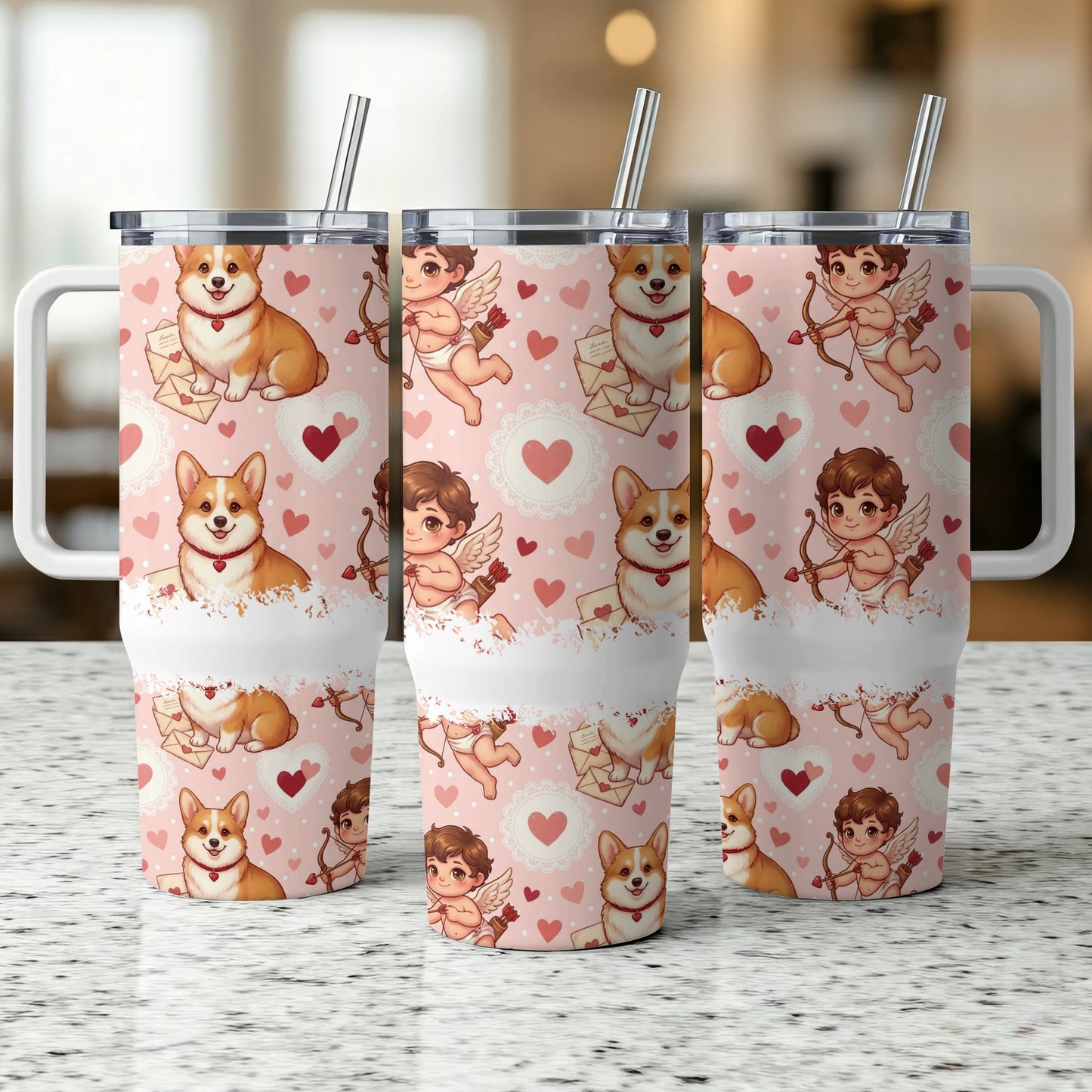 Three corgis with cupid and hearts on Valentine's Day themed tumblers.