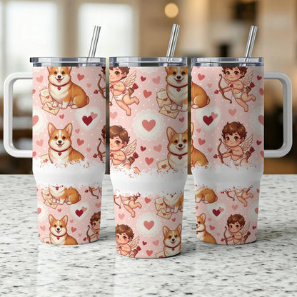 Three corgis with cupid and hearts on Valentine's Day themed tumblers.