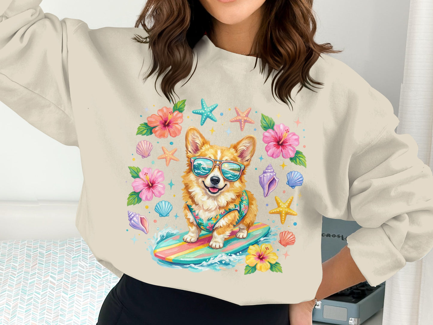 Corgi wearing sunglasses on a surfboard with tropical flowers and seashells.
