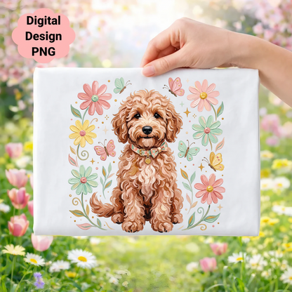 Fluffy puppy with butterflies and flowers, digital design PNG.