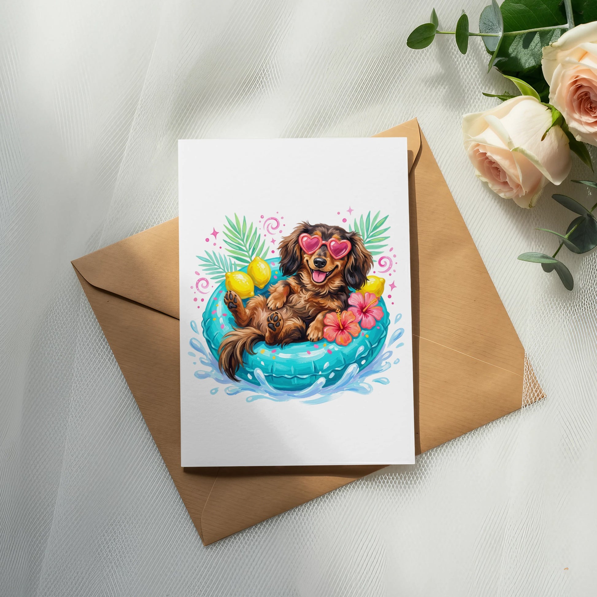 Dachshund in inflatable tube wearing heart sunglasses with lemons and flowers.
