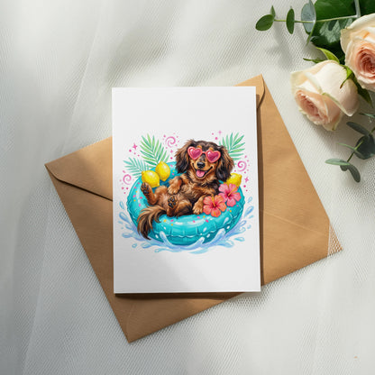 Dachshund in inflatable tube wearing heart sunglasses with lemons and flowers.