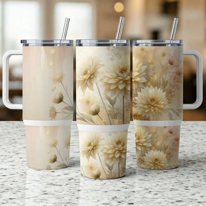 Three tumblers with a floral watercolor design, featuring light yellow and pink flowers.