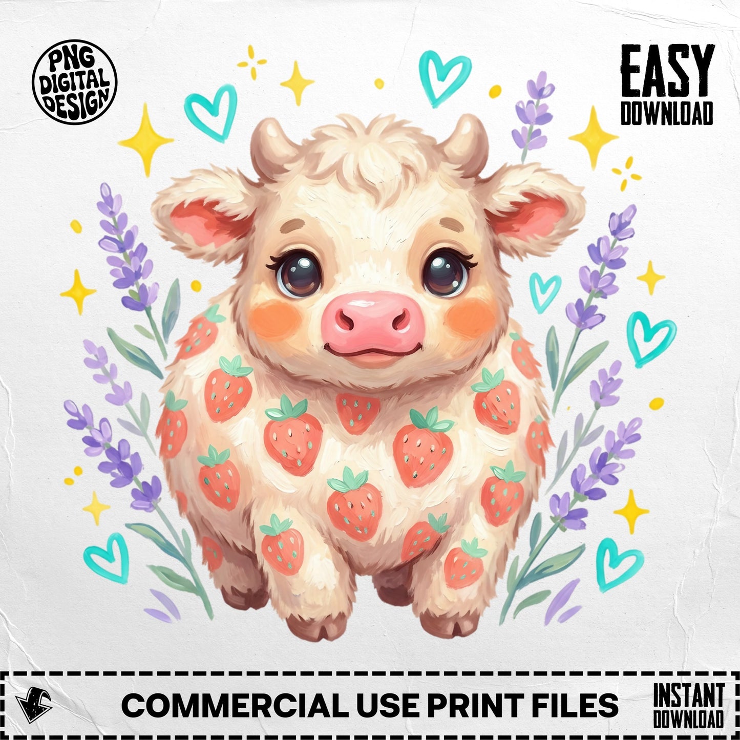 Cute strawberry cow with lavender and hearts, "EASY DOWNLOAD" text.