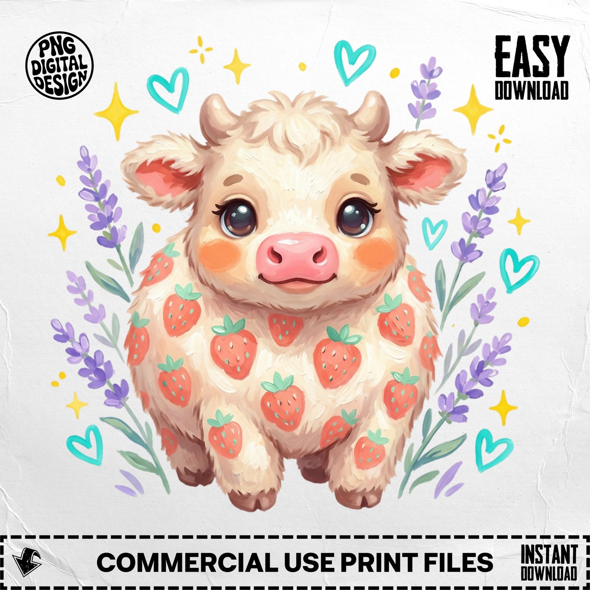 Cute strawberry cow with lavender and hearts, "EASY DOWNLOAD" text.