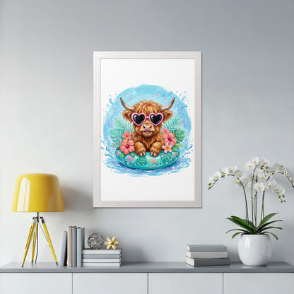 Cow with sunglasses in a pool float, framed print on wall.