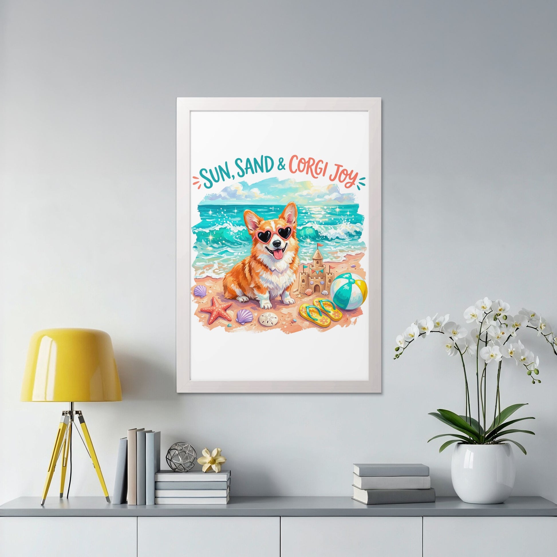 Corgi wearing sunglasses on a beach with a sandcastle and seashells.