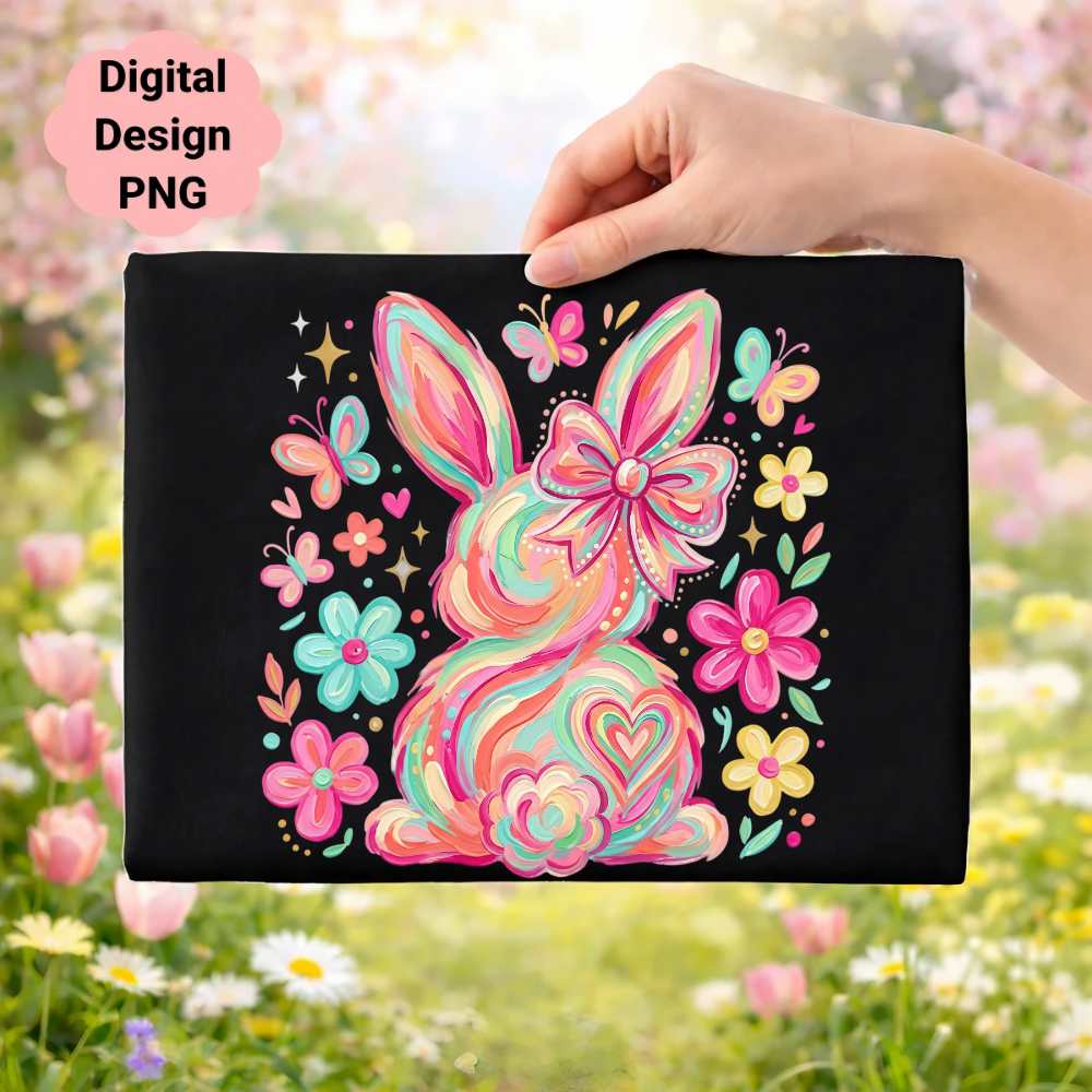 Easter bunny with colorful floral and butterfly accents on black background.