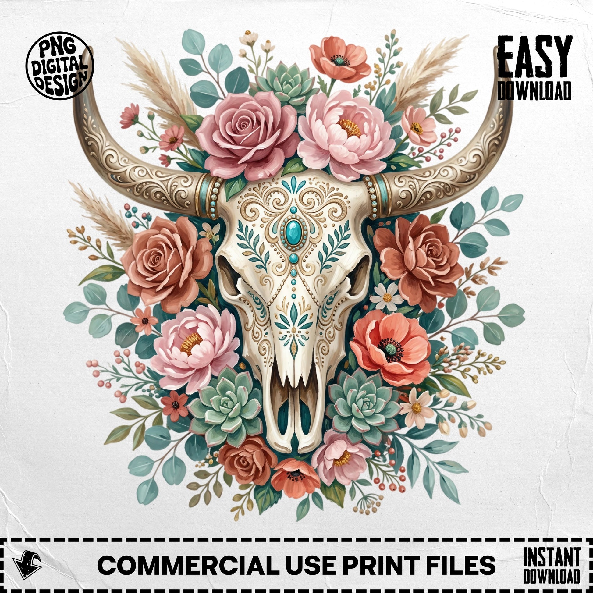 Bohemian cow skull with flowers and succulents, PNG digital design.