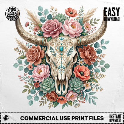 Bohemian cow skull with flowers and succulents, PNG digital design.