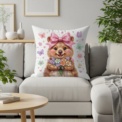 Cute cartoon hamster with pink bow holding a bouquet of flowers and butterflies.