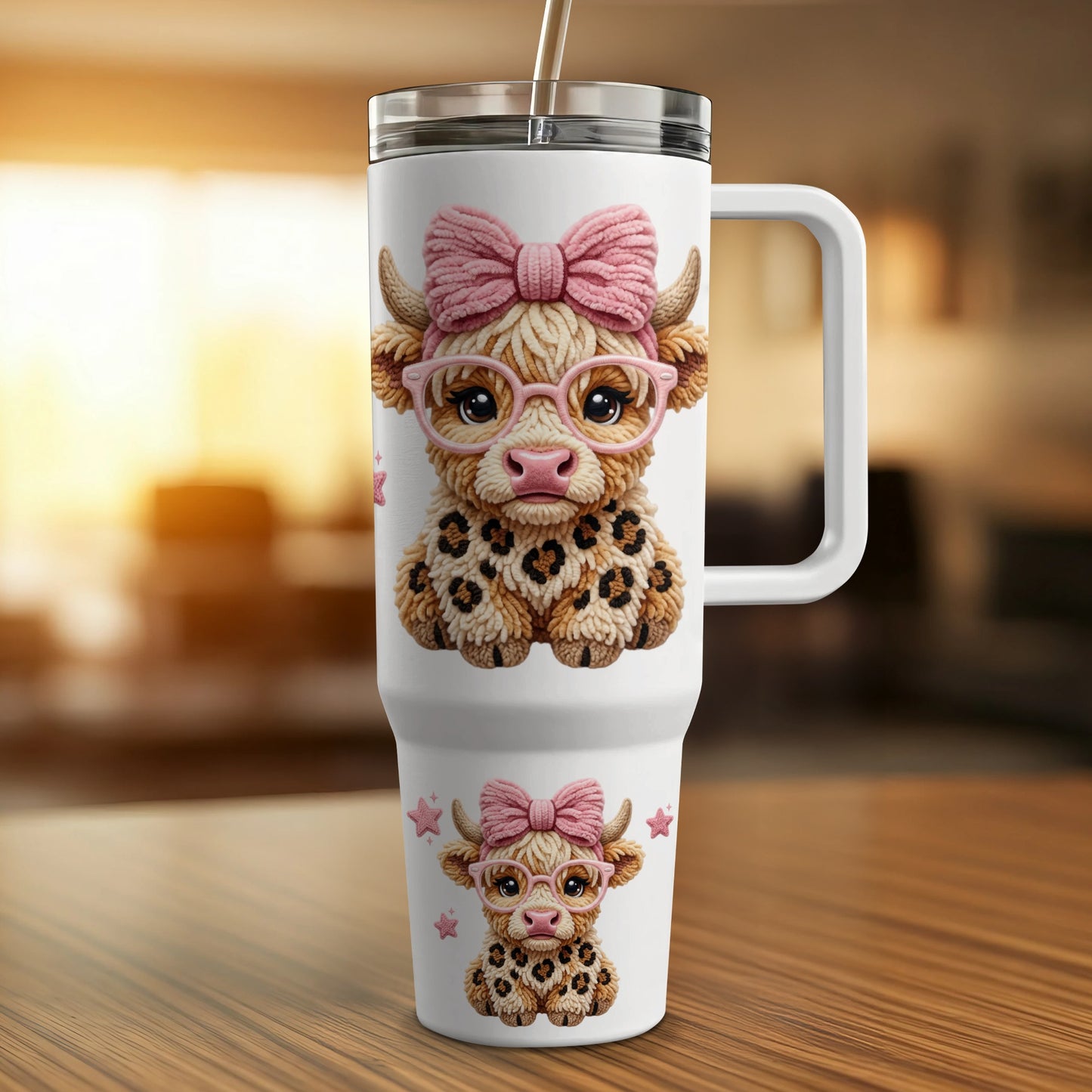 Highland cow graphic with pink bow and glasses on a tumbler.