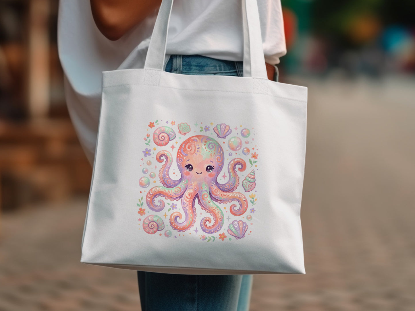 White tote bag with a pastel octopus and seashell illustration.