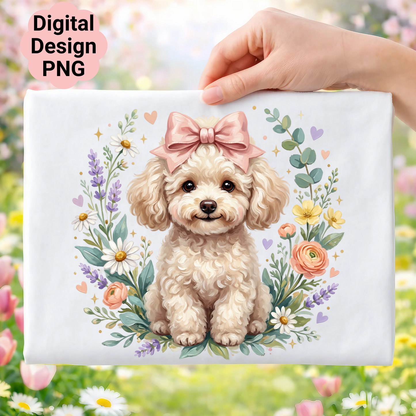 Cute poodle with pink bow in floral wreath, digital design PNG.