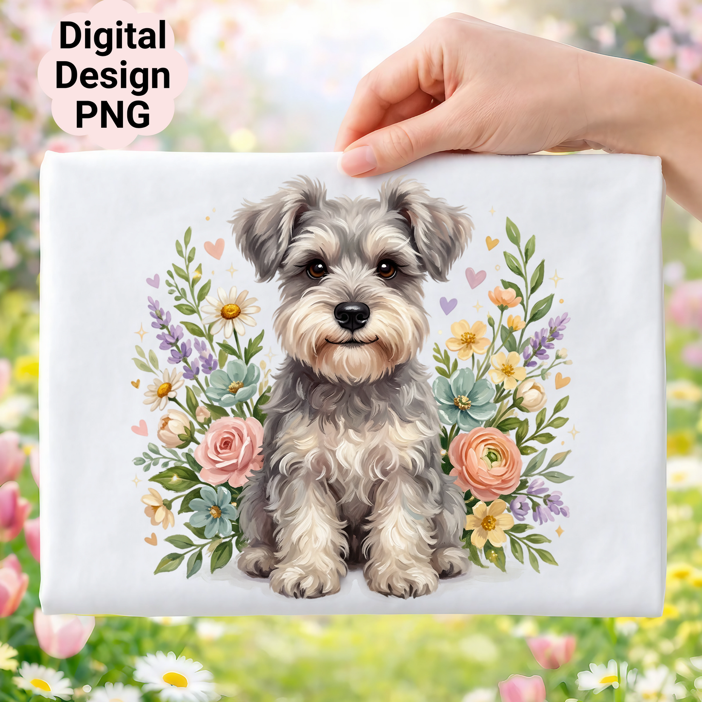 Schnauzer puppy surrounded by pastel flowers and greenery.