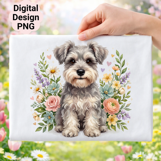 Schnauzer puppy surrounded by pastel flowers and greenery.